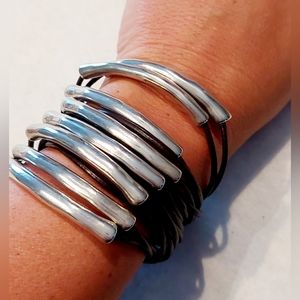 Uno de 50 Silver & Leather Layered Cuff Bracelet